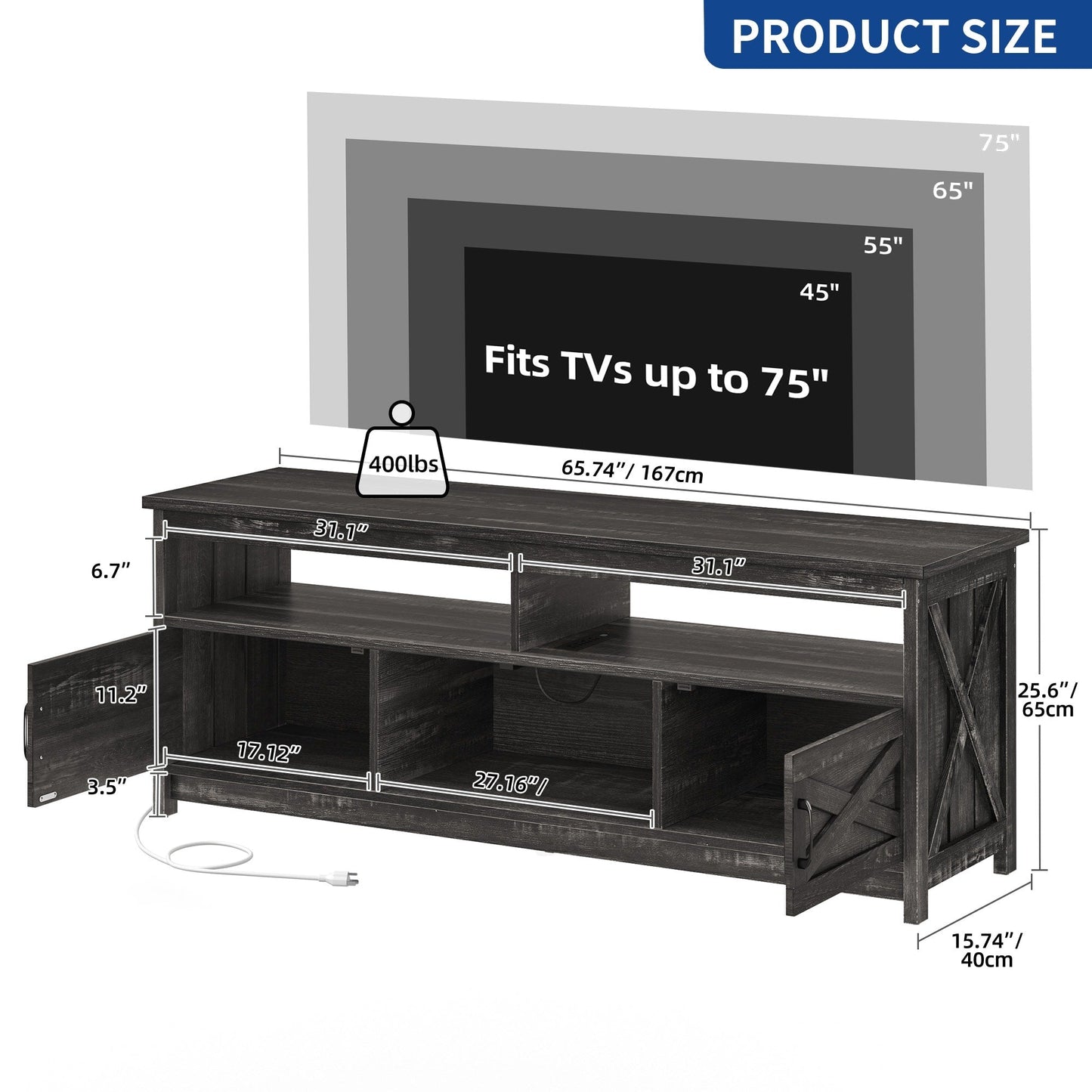 Meuble TV style farmhouse pour téléviseur jusqu'à 65 pouces avec portes et étagères ouvertes, console multimédia et prise de courant.