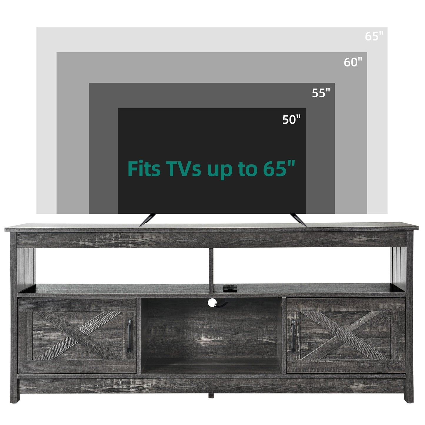 Meuble TV style farmhouse pour téléviseur jusqu'à 65 pouces avec portes et étagères ouvertes, console multimédia et prise de courant.