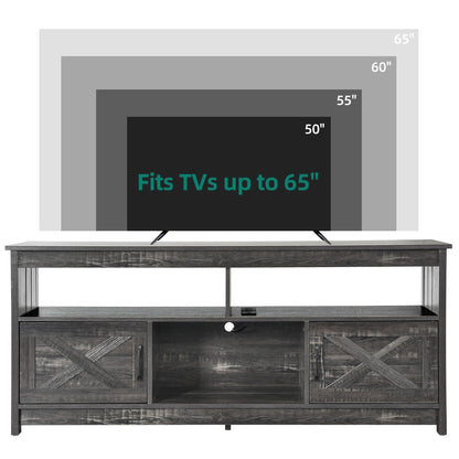 Meuble TV style farmhouse pour téléviseur jusqu'à 65 pouces avec portes et étagères ouvertes, console multimédia et prise de courant.