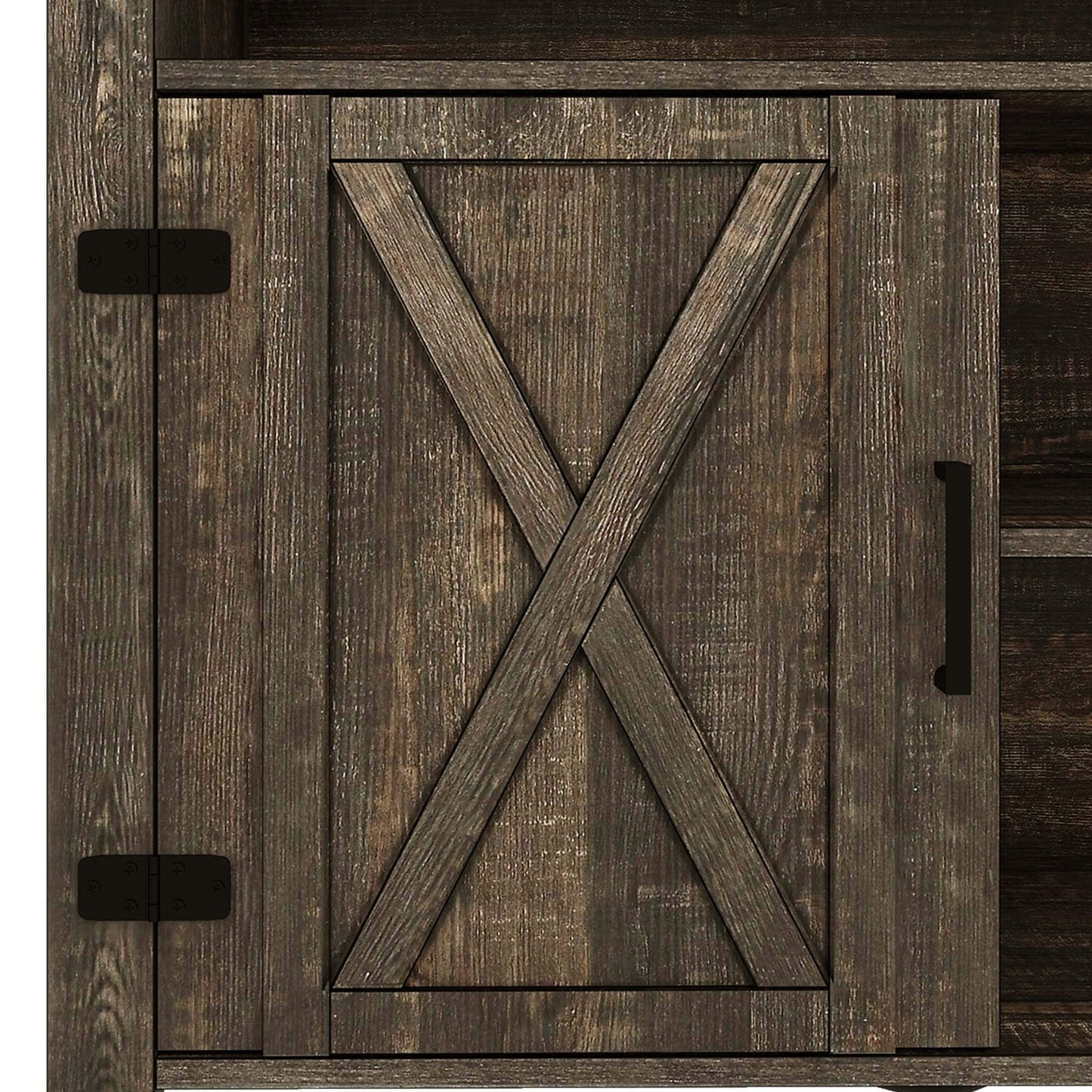 Meuble TV style farmhouse pour téléviseur jusqu'à 65 pouces avec portes et étagères ouvertes, console multimédia et prise de courant.