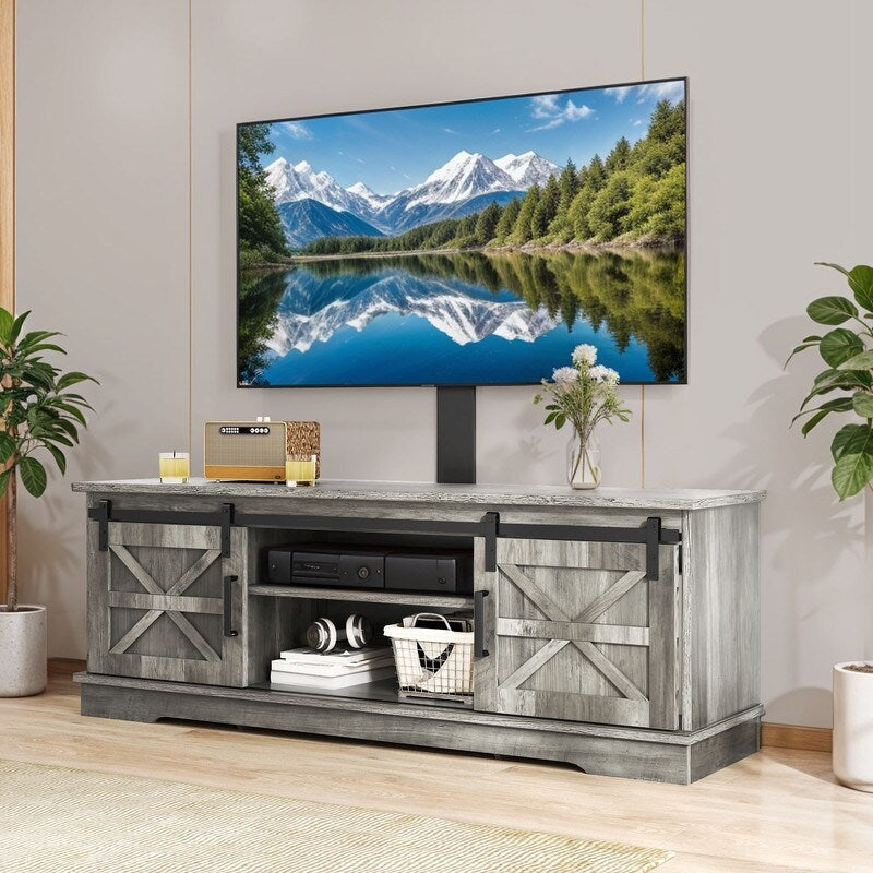 Meuble TV style farmhouse pour téléviseur jusqu'à 65 pouces avec portes et étagères ouvertes, console multimédia et prise de courant.