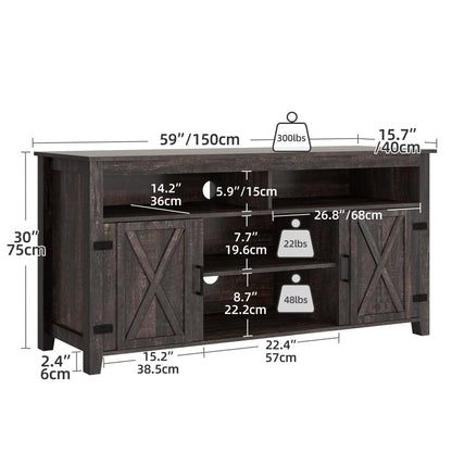 Meuble TV style farmhouse pour téléviseur jusqu'à 65 pouces avec portes et étagères ouvertes, console multimédia et prise de courant.