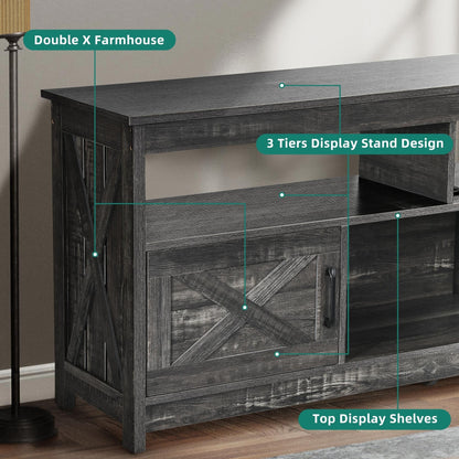 Meuble TV style farmhouse pour téléviseur jusqu'à 65 pouces avec portes et étagères ouvertes, console multimédia et prise de courant.