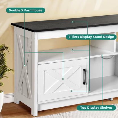 Meuble TV style farmhouse pour téléviseur jusqu'à 65 pouces avec portes et étagères ouvertes, console multimédia et prise de courant.