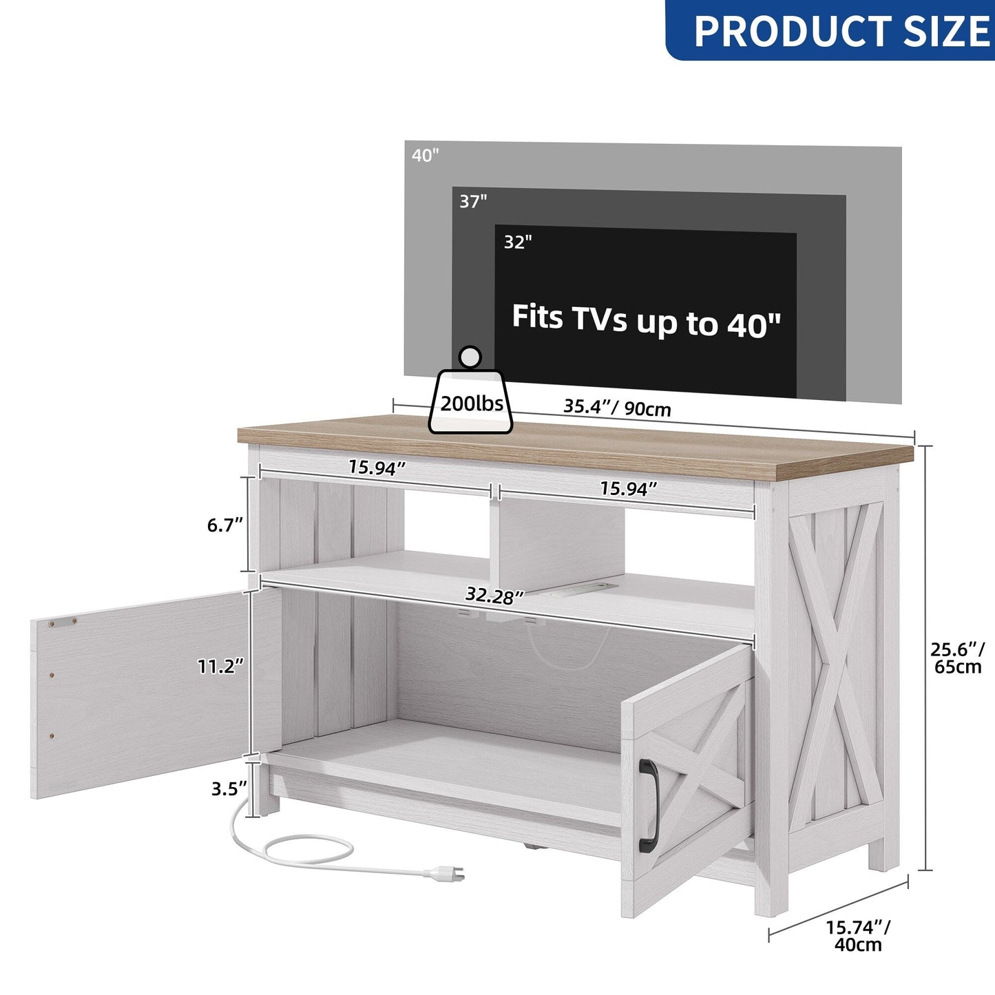 Meuble TV style farmhouse pour téléviseur jusqu'à 65 pouces avec portes et étagères ouvertes, console multimédia et prise de courant.