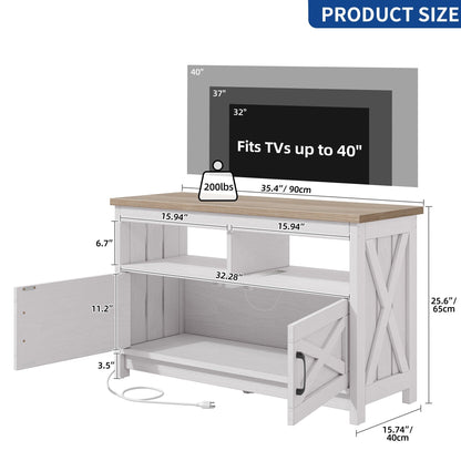 Meuble TV style farmhouse pour téléviseur jusqu'à 65 pouces avec portes et étagères ouvertes, console multimédia et prise de courant.