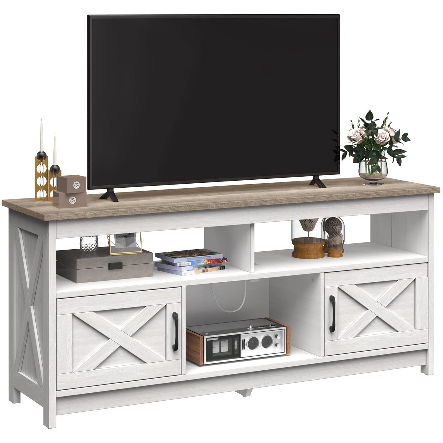 Meuble TV style farmhouse pour téléviseur jusqu'à 65 pouces avec portes et étagères ouvertes, console multimédia et prise de courant.