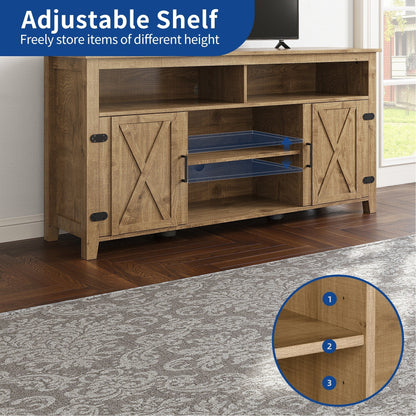 Meuble TV style farmhouse pour téléviseur jusqu'à 65 pouces avec portes et étagères ouvertes, console multimédia et prise de courant.