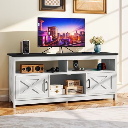 Meuble TV style farmhouse pour téléviseur jusqu'à 65 pouces avec portes et étagères ouvertes, console multimédia et prise de courant.