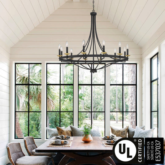Luminaire à suspension Fidenza à 12 lumières, style ferme moderne, en forme de roue de charrette, avec certification UL - D40'' * H135''