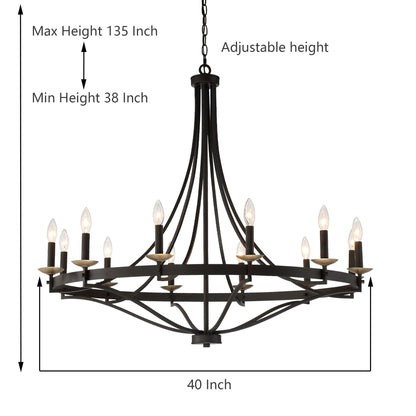Luminaire à suspension Fidenza à 12 lumières, style ferme moderne, en forme de roue de charrette, avec certification UL - D40'' * H135''