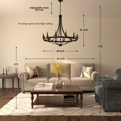 Luminaire à suspension Fidenza à 12 lumières, style ferme moderne, en forme de roue de charrette, avec certification UL - D40'' * H135''