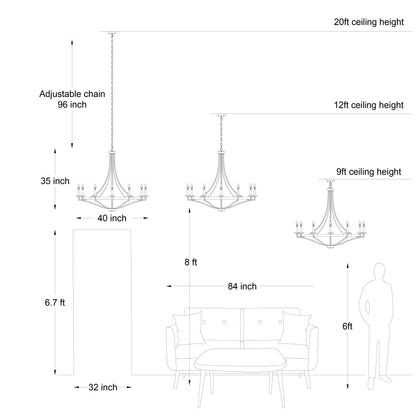 Luminaire à suspension Fidenza à 12 lumières, style ferme moderne, en forme de roue de charrette, avec certification UL - D40'' * H135''