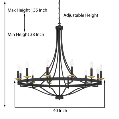 Luminaire à suspension Fidenza à 12 lumières, style ferme moderne, en forme de roue de charrette, avec certification UL - D40'' * H135''