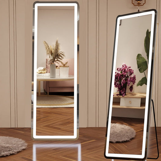 Grand miroir de sol avec éclairage LED, miroir pleine longueur 64 x 21 pouces avec support, miroir mural suspendu, miroir corporel entier.