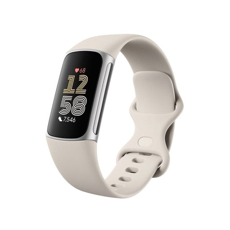 Fitbit Charge 6, tracker d'activité physique, finition en porcelaine et aluminium argenté.