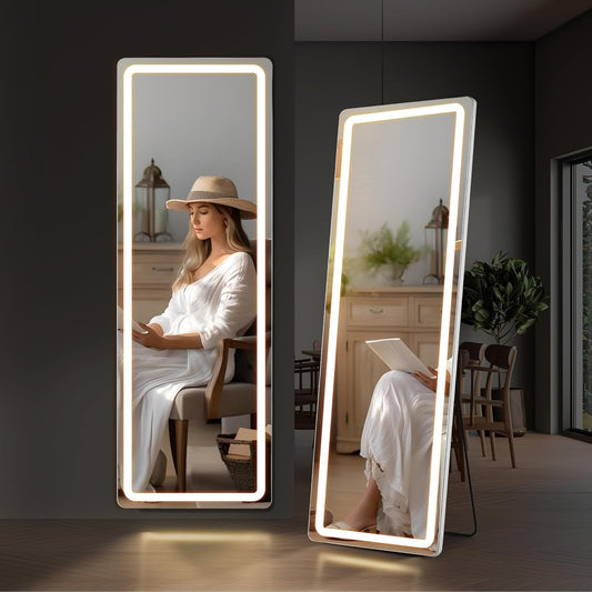 Grand miroir de sol avec éclairage LED, miroir pleine longueur 64 x 21 pouces avec support, miroir mural suspendu, miroir corporel entier.