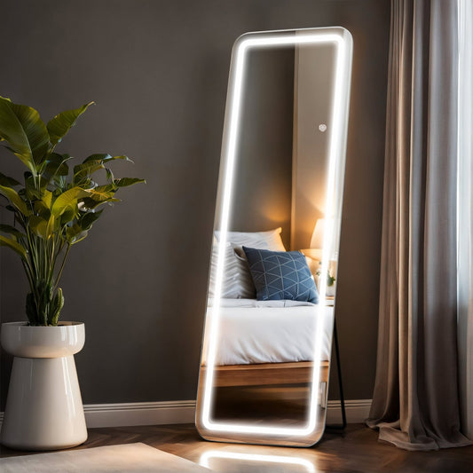 Grand miroir de sol avec éclairage LED, miroir pleine longueur 64 x 21 pouces avec support, miroir mural suspendu, miroir corporel entier.