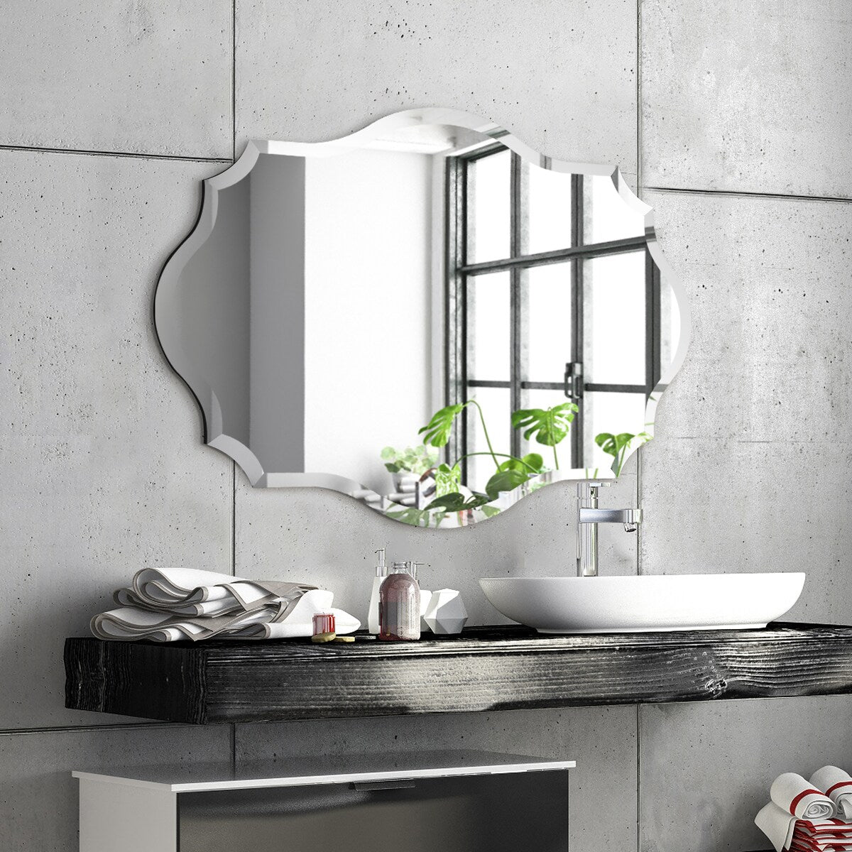 Miroir mural rectangulaire sans cadre, biseauté, élégant et à bords festonnés