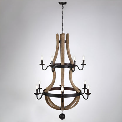 Luminaire à 12 lumières, style campagne française, à deux niveaux, en forme de tonneau à vin
