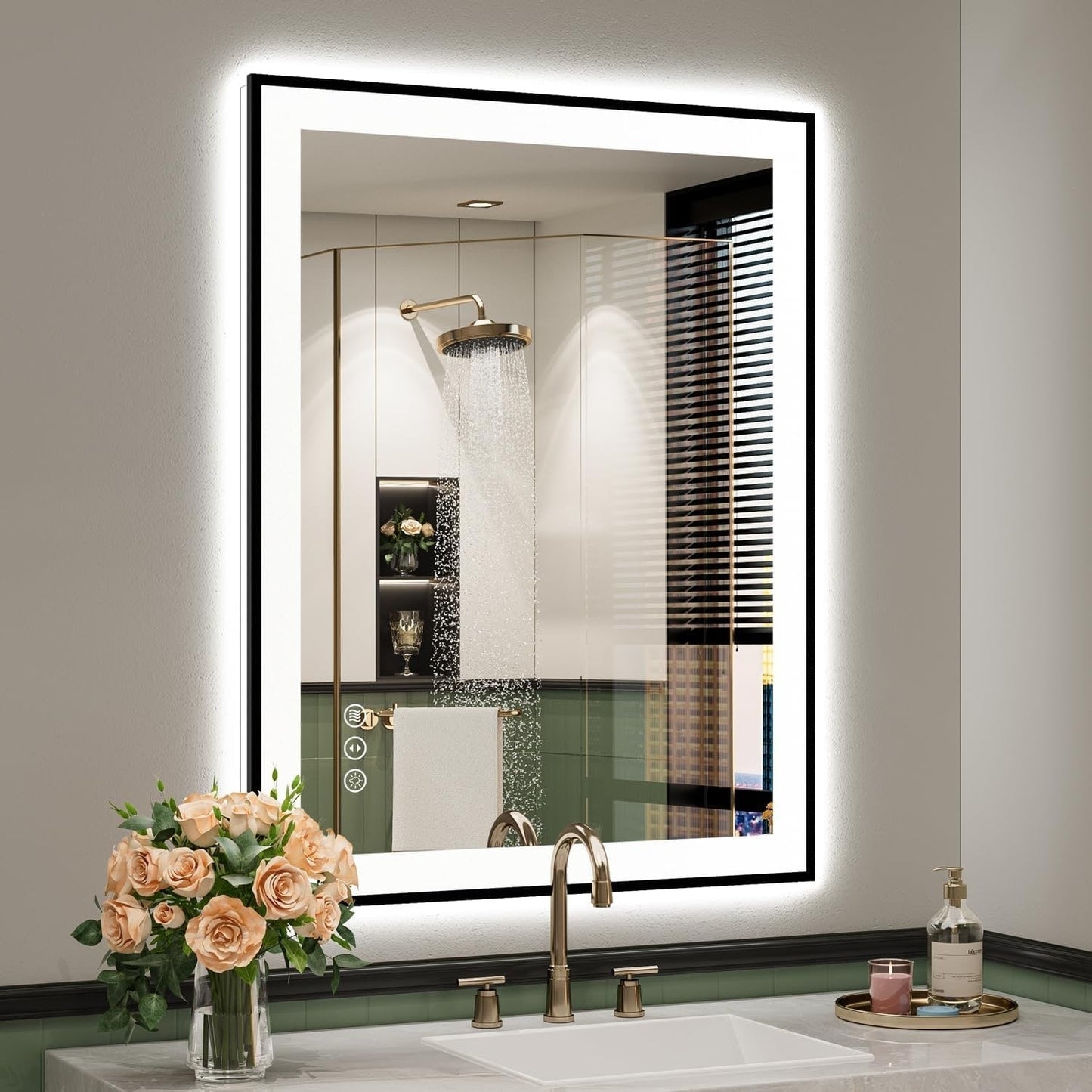 Grand miroir de salle de bain à cadre en verre trempé, avec éclairage LED avant et arrière, anti-buée.