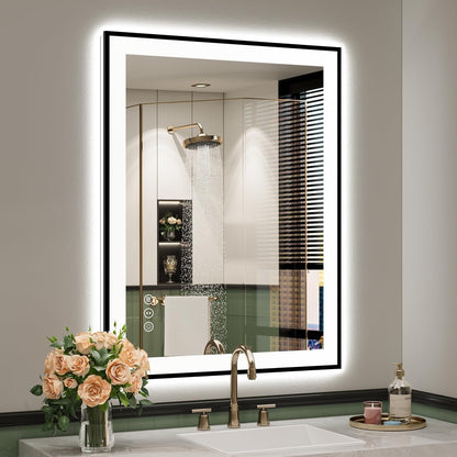 Grand miroir de salle de bain à cadre en verre trempé, avec éclairage LED avant et arrière, anti-buée.