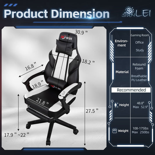Chaise de jeu Futzca en cuir PU, chaise de bureau avec repose-tête, repose-pieds et support lombaire à massage.
