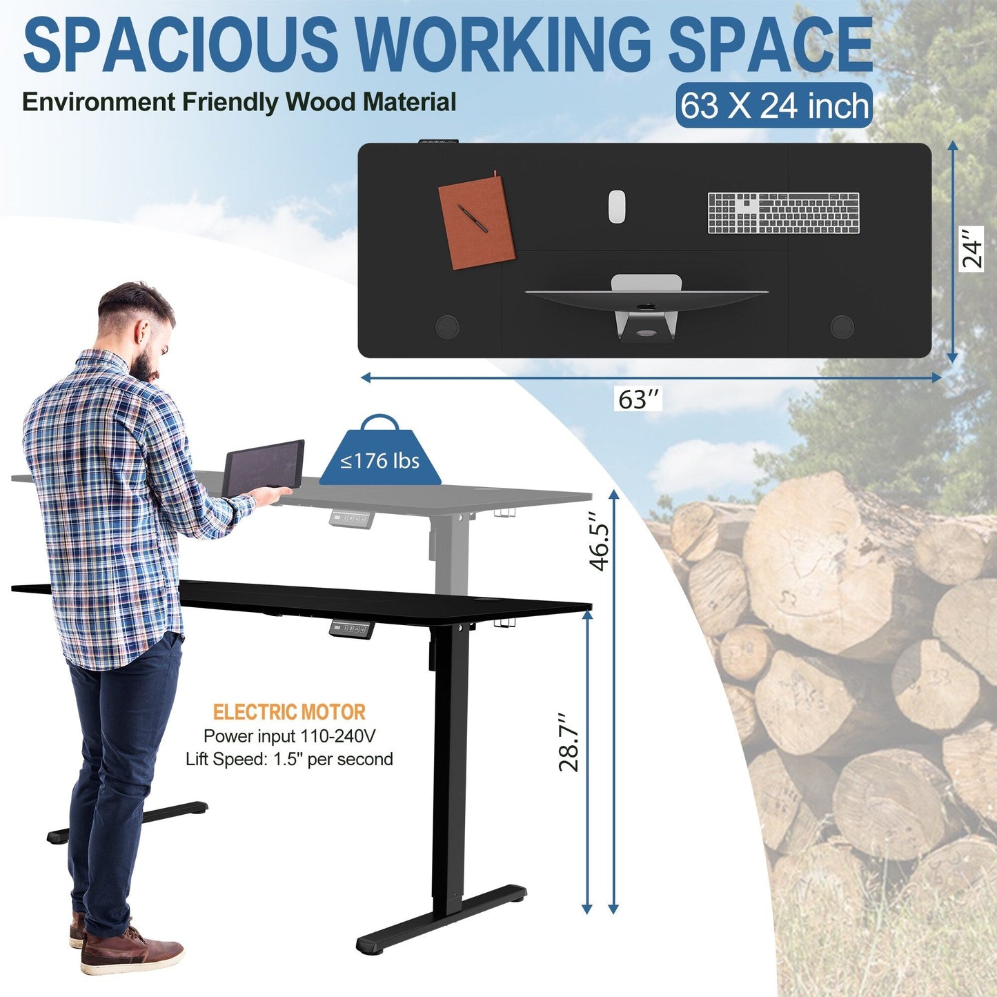 Bureau debout électrique à hauteur réglable Futzca, bureau informatique avec plateau de séparation, pour travailler debout ou assis.