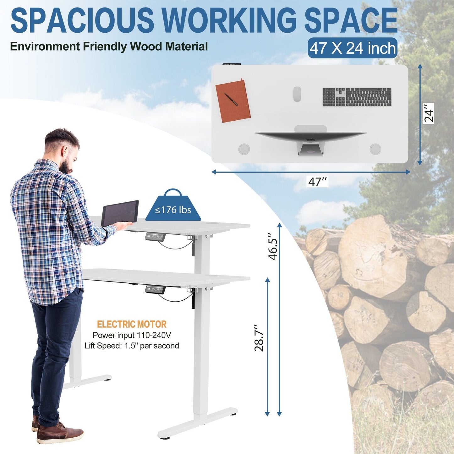 Bureau debout électrique à hauteur réglable Futzca, bureau informatique avec plateau de séparation, pour travailler debout ou assis.