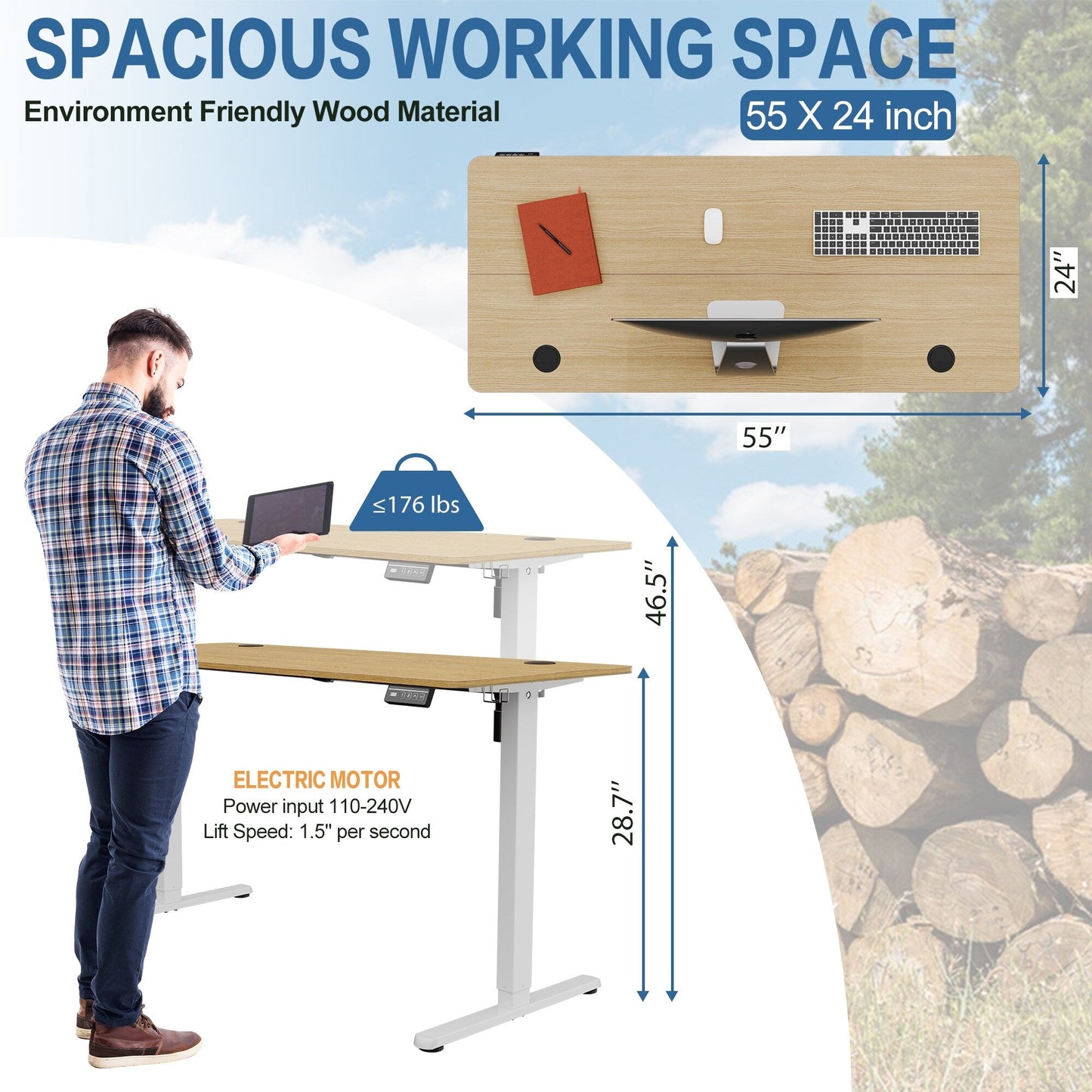 Bureau debout électrique à hauteur réglable Futzca, bureau informatique avec plateau de séparation, pour travailler debout ou assis.