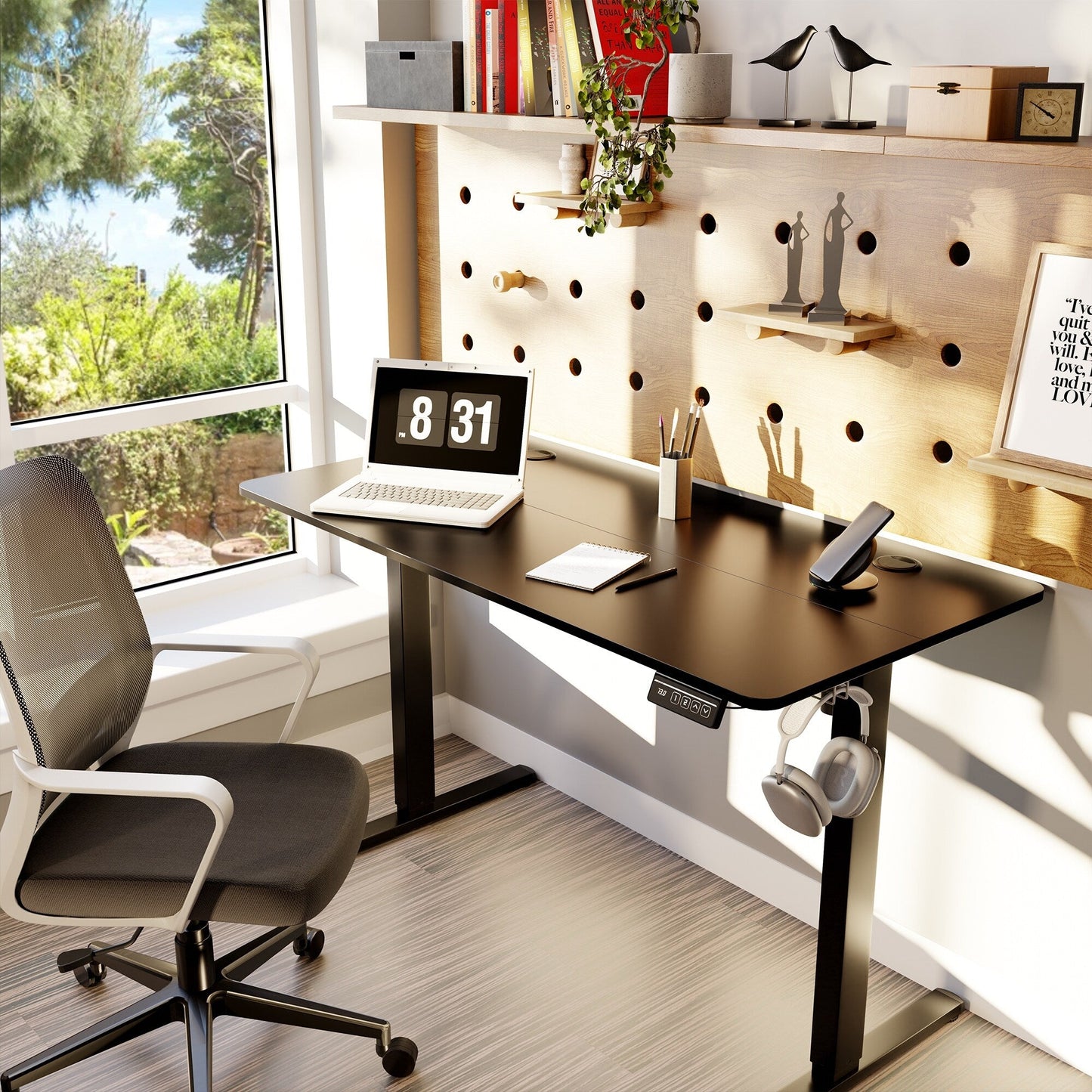 Bureau debout électrique à hauteur réglable Futzca, bureau informatique avec plateau de séparation, pour travailler debout ou assis.