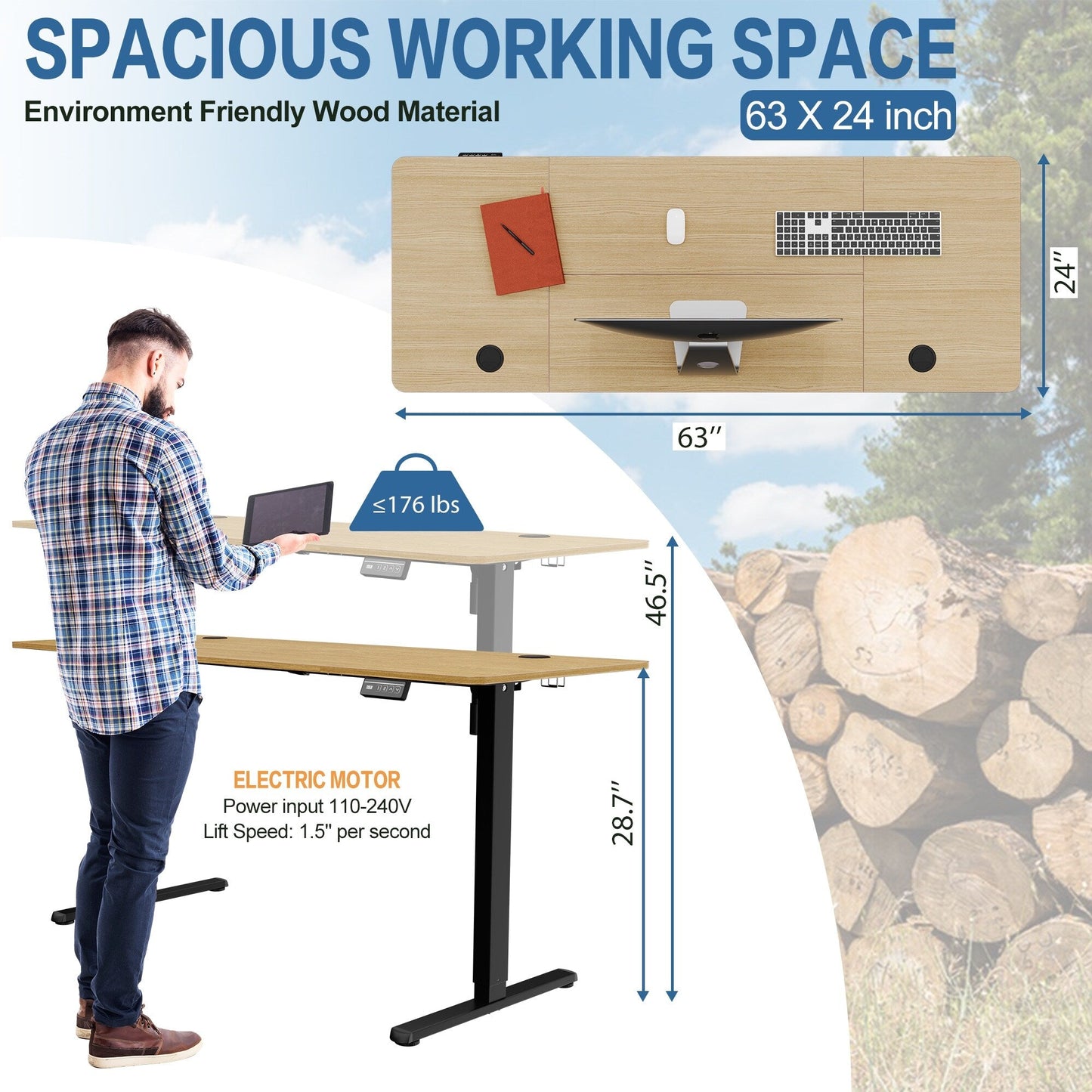 Bureau debout électrique à hauteur réglable Futzca, bureau informatique avec plateau de séparation, pour travailler debout ou assis.