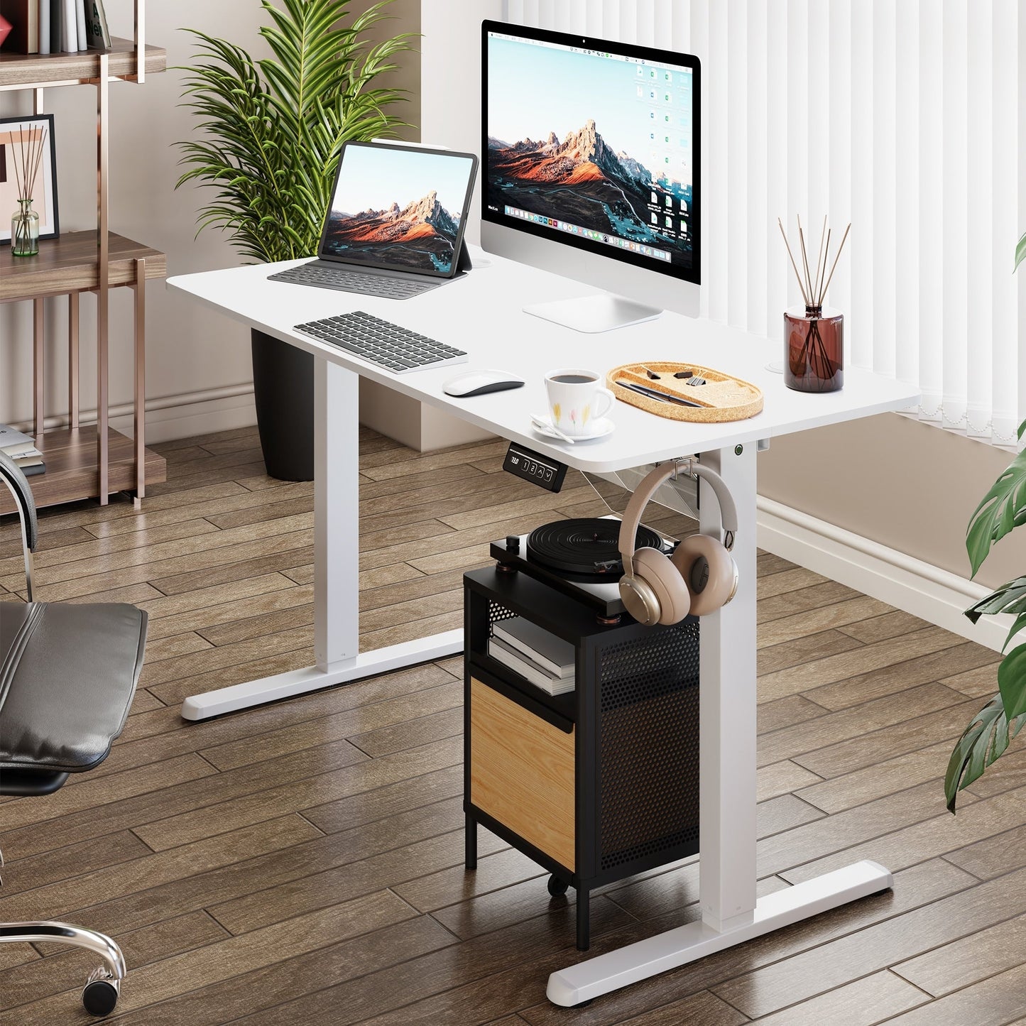 Bureau debout électrique à hauteur réglable Futzca, bureau informatique avec plateau de séparation, pour travailler debout ou assis.