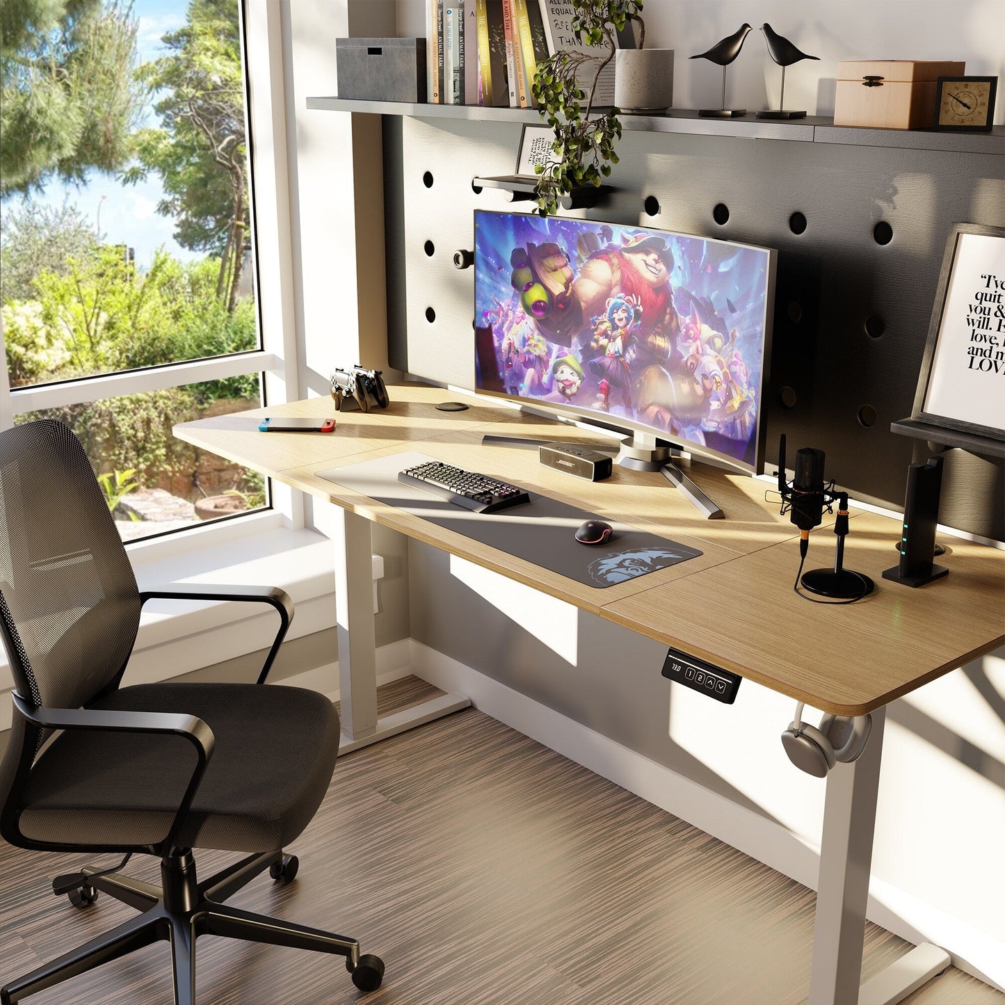 Bureau debout électrique à hauteur réglable Futzca, bureau informatique avec plateau de séparation, pour travailler debout ou assis.