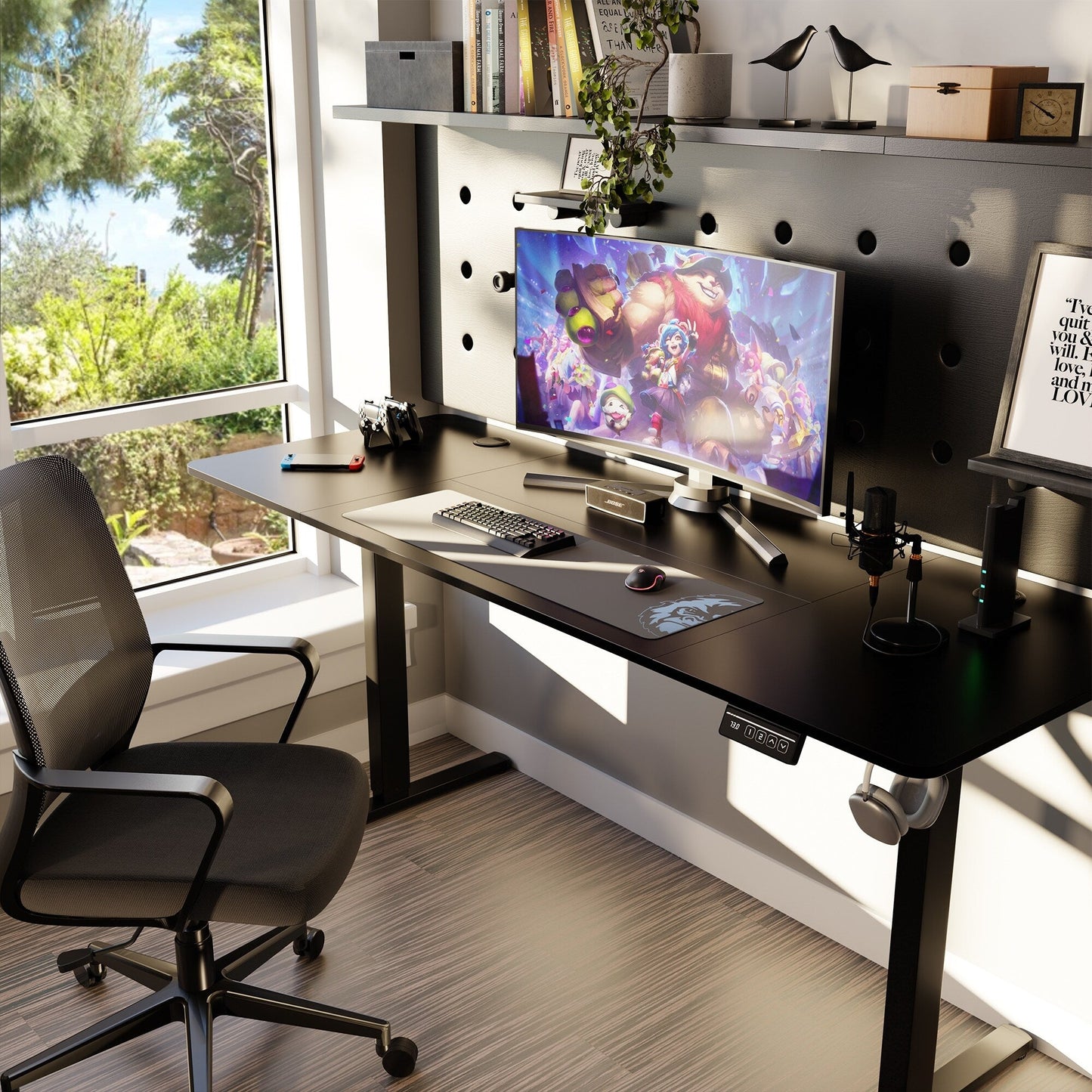 Bureau debout électrique à hauteur réglable Futzca, bureau informatique avec plateau de séparation, pour travailler debout ou assis.