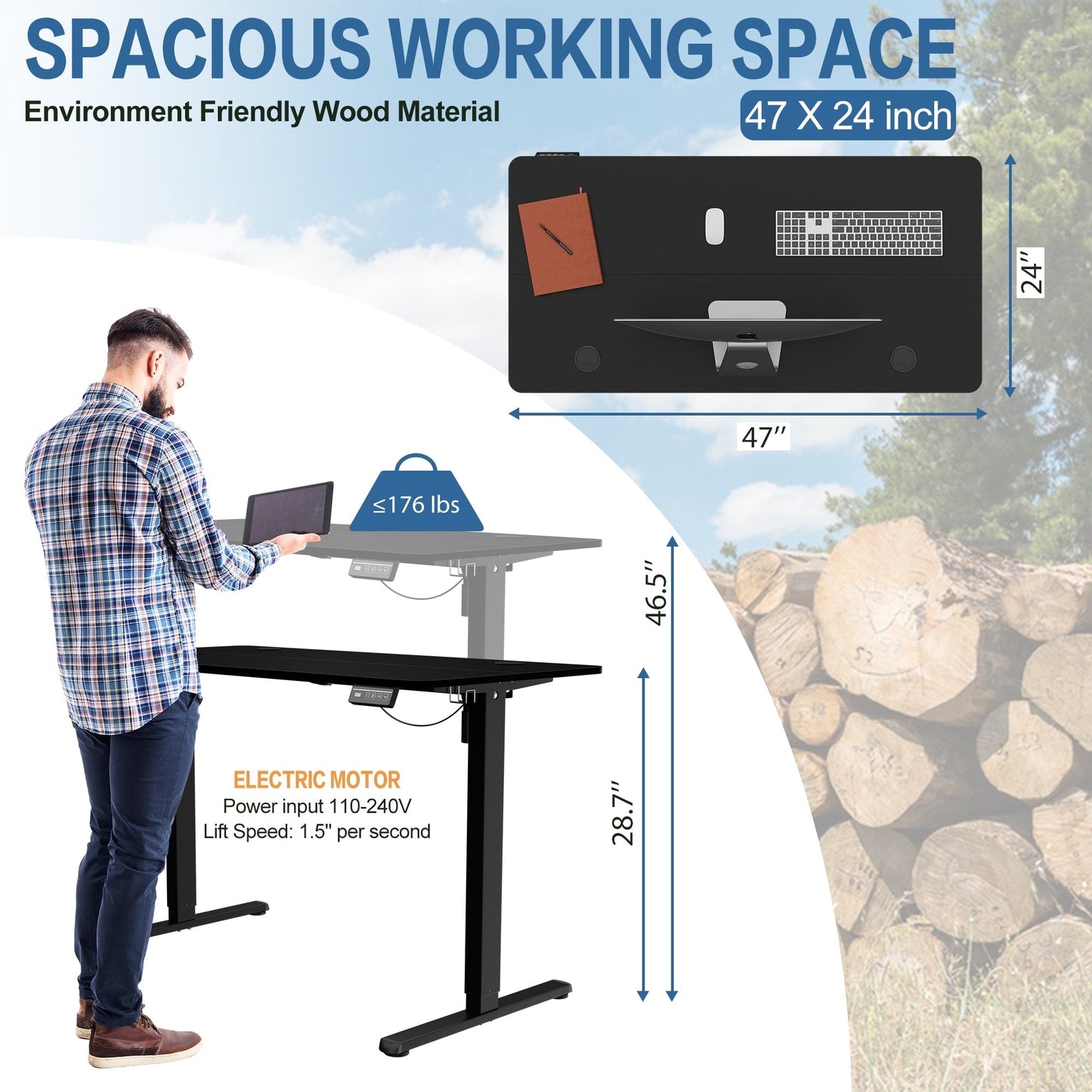 Bureau debout électrique à hauteur réglable Futzca, bureau informatique avec plateau de séparation, pour travailler debout ou assis.