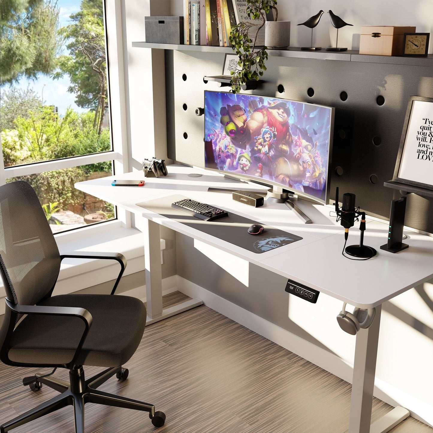 Bureau debout électrique à hauteur réglable Futzca, bureau informatique avec plateau de séparation, pour travailler debout ou assis.