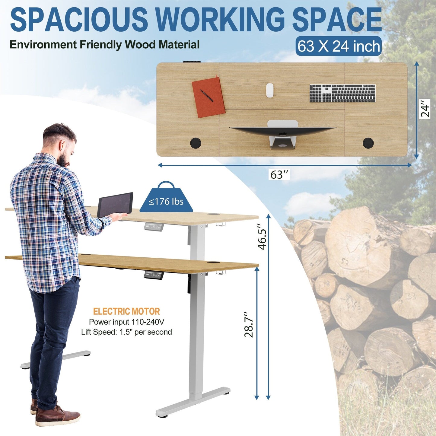 Bureau debout électrique à hauteur réglable Futzca, bureau informatique avec plateau de séparation, pour travailler debout ou assis.