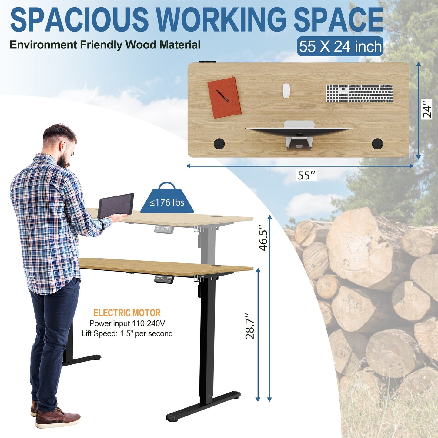 Bureau debout électrique à hauteur réglable Futzca, bureau informatique avec plateau de séparation, pour travailler debout ou assis.