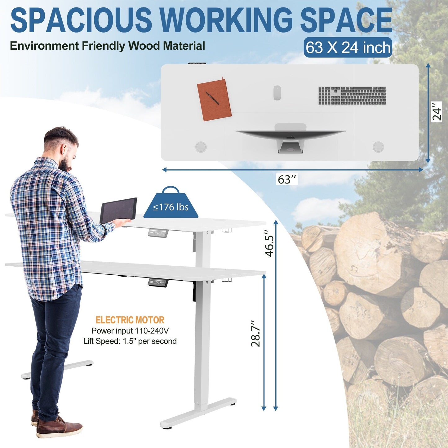 Bureau debout électrique à hauteur réglable Futzca, bureau informatique avec plateau de séparation, pour travailler debout ou assis.