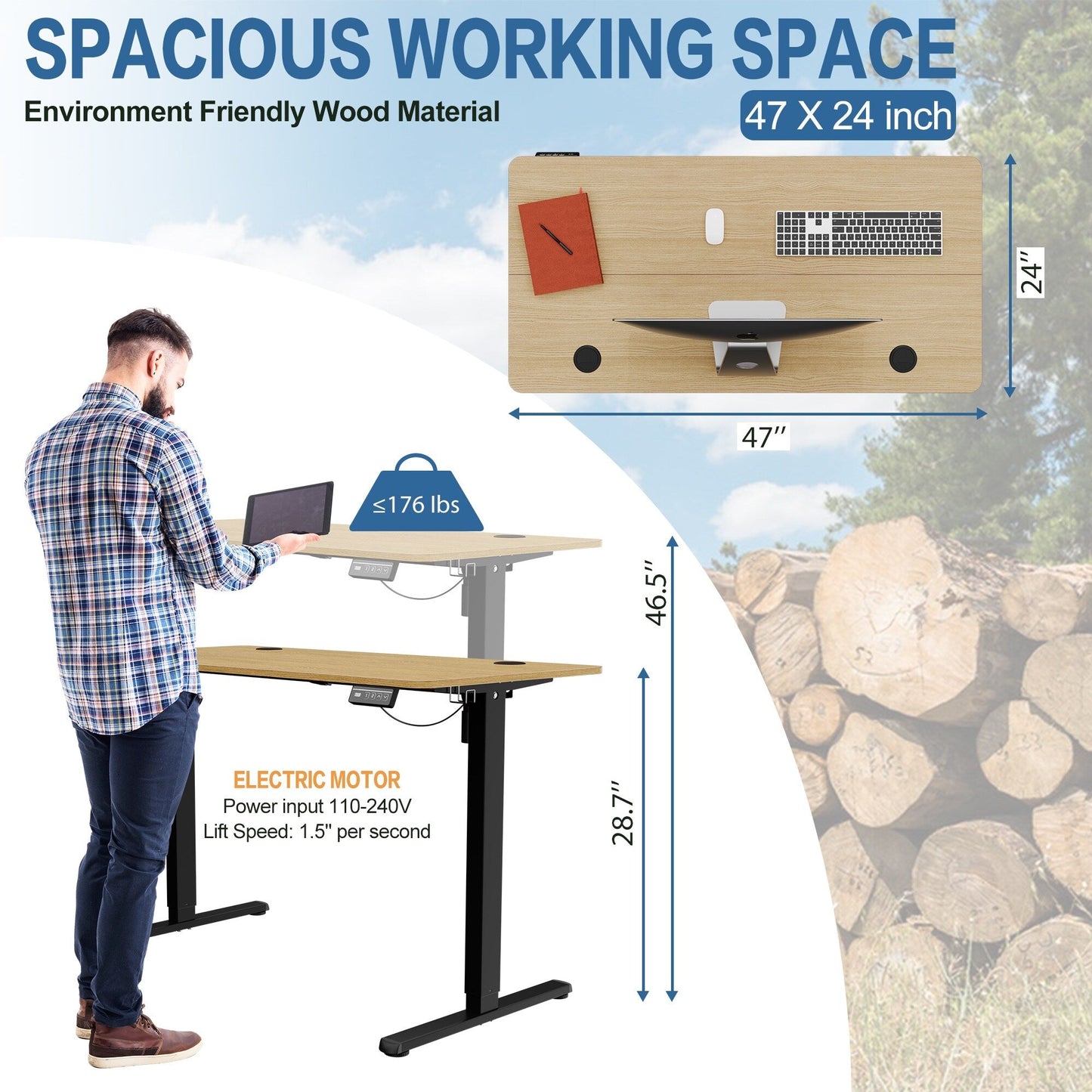 Bureau debout électrique à hauteur réglable Futzca, bureau informatique avec plateau de séparation, pour travailler debout ou assis.