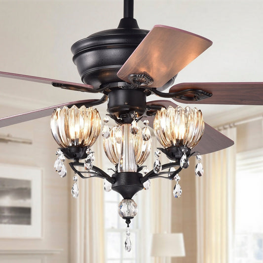 Ventilateur de plafond Garlow à 5 pales, noir mat, avec éclairage et lustre à coupelles en forme de fleur de cristal (avec télécommande) - Diamètre de 52 pouces