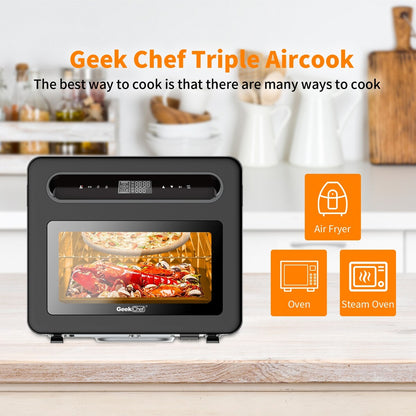 Four à convection et friteuse à vapeur Geek Chef 26 QT, 50 programmes de cuisson préprogrammés, acier inoxydable noir