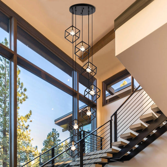 Suspension géométrique pour escalier, hauteur réglable, lustre à 5 ou 7 lumières.