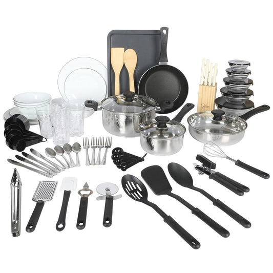 Ensemble de cuisine Gibson Home 74 pièces : ustensiles de cuisine, vaisselle, couverts, ustensiles et gadgets, rangement et verrerie.