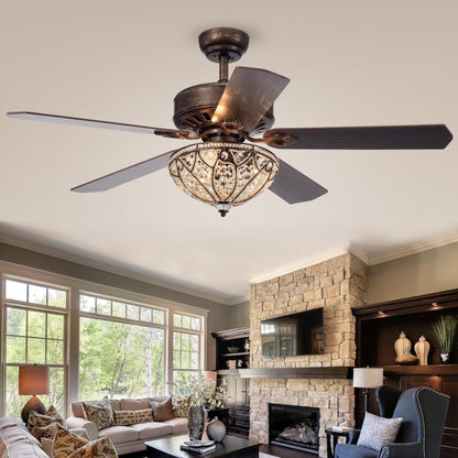Ventilateur de plafond Gliska à 5 pales en bronze rustique avec abat-jour en cristal