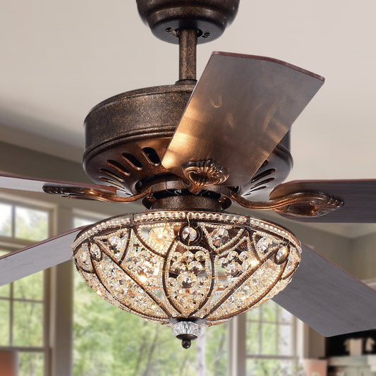Ventilateur de plafond Gliska à 5 pales en bronze rustique avec abat-jour en cristal
