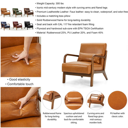 Fauteuil d'appoint Glitzhome en cuir PU, style moderne du milieu du siècle, avec coussin - 65,4 cm (l) x 85,75 cm (p) x 78,1 cm (h)