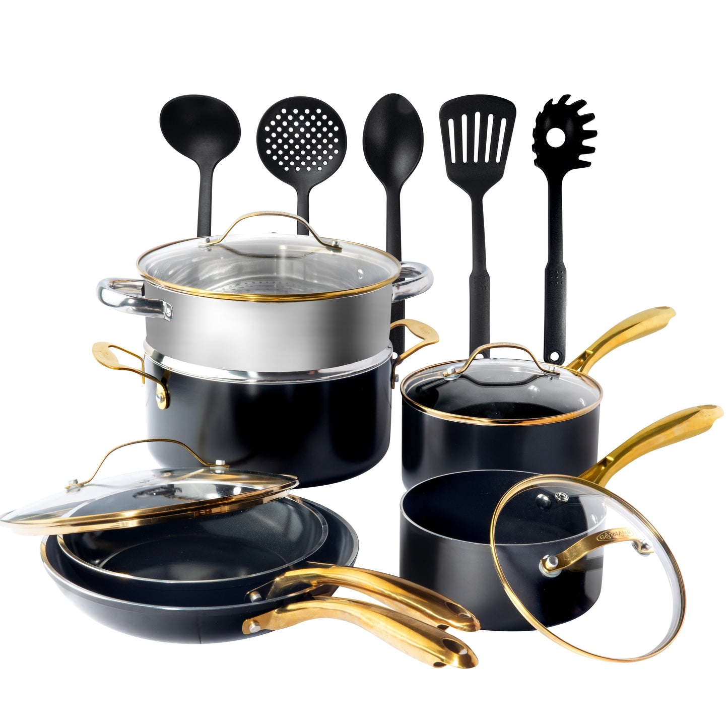 Ensemble de 15 pièces de casseroles et poêles ultra antiadhésives en céramique Gotham Steel noires, avec ustensiles.