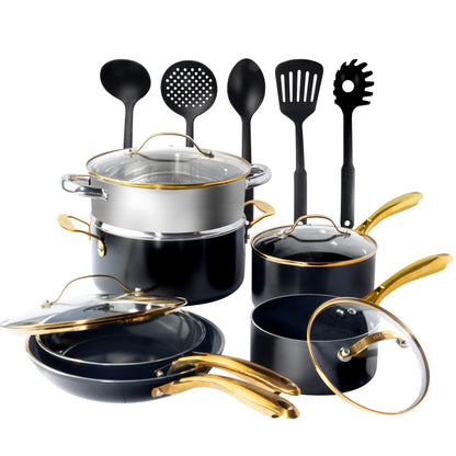 Ensemble de 15 pièces de casseroles et poêles ultra antiadhésives en céramique Gotham Steel noires, avec ustensiles.